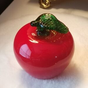 Red Glass Apple Figurine / Paperweight Home Accent with Green Leaf